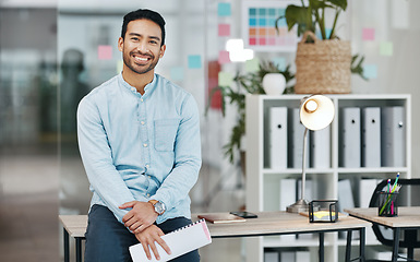 Image showing Professional, smile and portrait of asian man in office for startup, confident and pride. Development, corporate and happy with male employee in business agency for management, expert and director