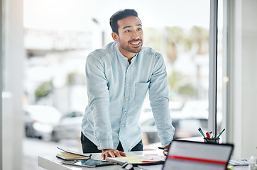 Image showing Manager, leader and happy businessman in a presentation or meeting in a boardroom planning a company strategy. Confident, sales and male employee at a startup with a vision, idea and in a office