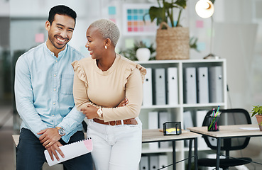 Image showing Laughing, startup and business people in office planning, talking and collaboration for teamwork in creative company. Happy diversity friends, coworkers or black woman and partner with funny chat