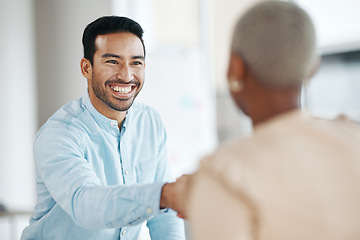 Image showing Handshake, business team and smile, partnership and collaboration, agreement or deal with success. Diversity, shaking hands and people happy working together in meeting with teamwork and trust