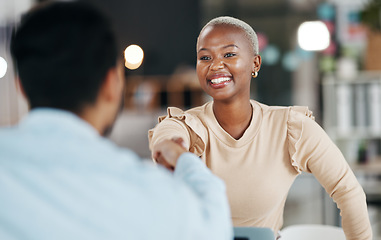 Image showing Shaking hands, professional team and smile, partnership and collaboration, agreement or deal with success. Diversity, handshake and people happy working together in meeting with teamwork and trust