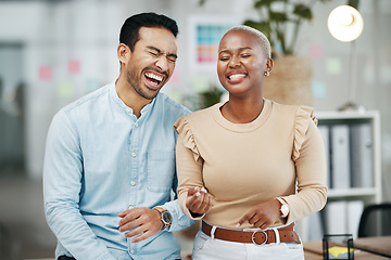 Image showing Work, professional team and laughing in a office with employee group and happiness. Motivation, teamwork and diversity of business friends together with a happy smile and funny joke at workplace