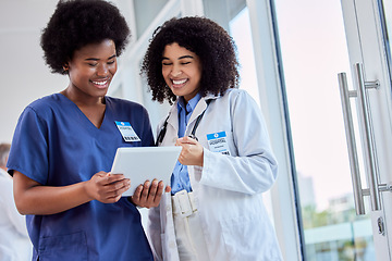 Image showing Tablet, medical or teamwork with a doctor and nurse talking in the hospital while doing research. Healthcare, collaboration and trust with professional colleagues in medicine working in a clinic