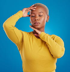 Image showing Black woman, face and beauty with eyes closed, calm and content with natural cosmetics on blue background. Dermatology, facial and self love, peace with cosmetic wellness and female in studio