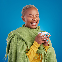 Image showing Black woman, coffee and happy in studio for drink, laughing and energy from latte to start morning. Girl, tea and comic time with cappuccino, espresso or matcha with comfortable fashion for lifestyle