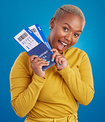 Image showing travel passport, excited and portrait of black woman in studio with flight documents, tickets and boarding ID. Traveling mockup, happy and girl celebrate immigration, USA holiday and global vacation