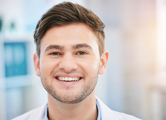 Image showing Smile, doctor face and portrait of man in hospital with for wellness, medicine and medical care. Healthcare, headshot and closeup of happy health worker in clinic for consulting, trust and mockup