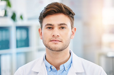 Image showing Serious, doctor face and portrait of man in hospital with for wellness, medicine and medical care. Healthcare, insurance and closeup of male health worker in clinic for consulting, trust and support