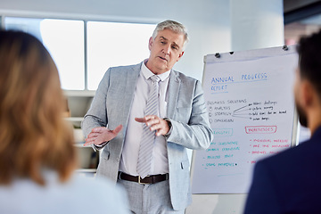 Image showing Senior businessman, presentation and meeting for staff training, coaching or planning by whiteboard at the office. Corporate CEO man presenter in team strategy or teaching employees in group seminar