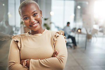 Image showing Happy, business and a portrait of a black woman with arms crossed, confidence and corporate expert. Smile, pride and an African employee standing in the workplace for empowerment and happiness