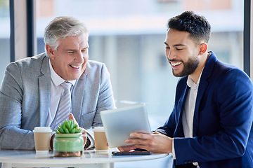 Image showing Business people, tablet and laughing on break for funny joke, meme or social media at the office. Businessman showing senior CEO fun idea with laugh for team building or collaboration on touchscreen