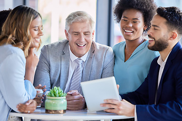 Image showing Business people, tablet and laughing for funny meme, joke or social media post together at office. Corporate employees laugh with touchscreen for fun comedy entertainment on break at the workplace