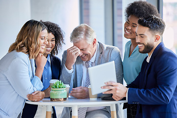 Image showing Business people, tablet and laughing for funny joke, meme or social media post together at office. Corporate employees laugh with touchscreen for fun comedy entertainment on break at the workplace