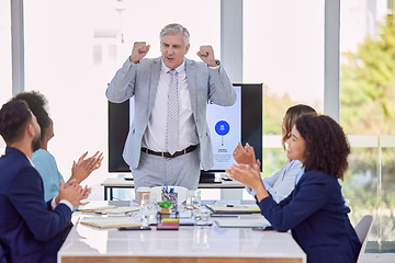 Image showing Senior businessman, presentation and meeting with applause for coaching, training staff or planning at office. Mature CEO man in leadership with employees clapping in teamwork for corporate strategy