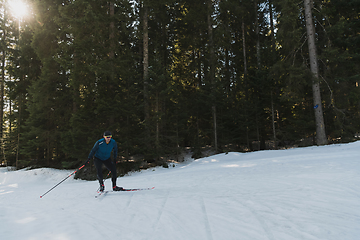 Image showing Nordic skiing or Cross-country skiing classic technique practiced by man in a beautiful panoramic trail at morning.