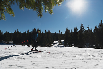 Image showing Nordic skiing or Cross-country skiing classic technique practiced by man in a beautiful panoramic trail at morning.