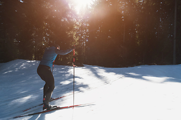 Image showing Nordic skiing or Cross-country skiing classic technique practiced by man in a beautiful panoramic trail at morning.