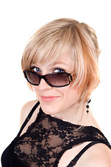 Image showing Portrait of the beauty blonde in sunglasses. Isolated