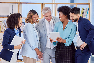 Image showing Business people, tablet and laughing in team meeting for funny meme, joke or social media post at the office. Corporate employees laugh with touchscreen for fun comedy with ceo at workplace