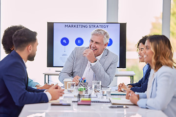 Image showing Business people, meeting and marketing team laughing for funny meme, joke or collaboration at office. Corporate CEO man laugh with employees in conference room for fun strategy or teamwork planning