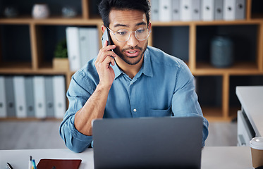 Image showing Phone call, serious and businessman planning company growth strategy on mobile conversation as communication. Laptop, cellphone and surprised man startup entrepreneur in discussion at work