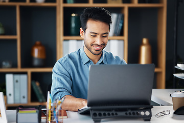 Image showing Happy business man typing on laptop in office for startup management, planning and agency. Male worker, smile and computer technology for online project, website and internet research for innovation