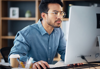 Image showing Serious, business man and confused on computer, internet research and website. Focused male employee, desktop and problem solving solution, planning and review strategy, project and reading email