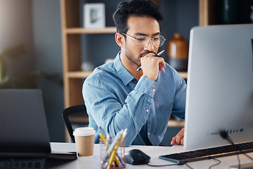 Image showing Serious, business man and thinking on computer in office, internet research and website. Focused male employee, desktop and solution of ideas, planning decision and review strategy, project or vision