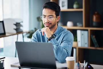 Image showing Business man thinking at laptop in office for startup management, strategy and agency. Male worker planning internet solution on computer technology for project research, innovation and website ideas