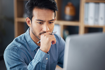 Image showing Serious, business man and thinking on computer in office, internet research and website. Focused male employee, desktop and solution of ideas, planning decision and review strategy, project or vision