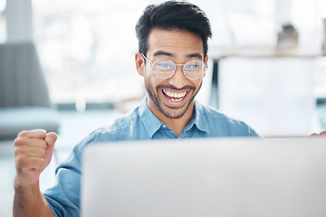 Image showing Computer, celebration and man in business achievement, target goals and motivation. Happy male worker celebrate success at desktop in office of winner, bonus and fist of winning surprise website deal