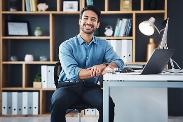 Image showing Relax, manager and portrait of startup founder smile and sitting in company office excited for the future. Young, happy and professional business man, employee or worker feeling confident and proud