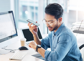 Image showing Business man, watch and phone call recording on smartphone, conversation and technology. Male worker, cellphone and communication for time management, mobile networking and voice schedule in office