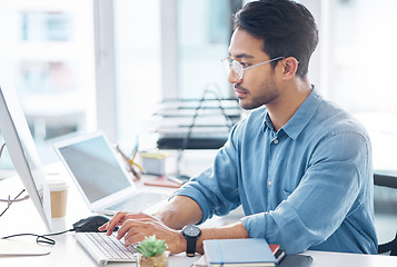 Image showing Computer, business and man typing, planning and feedback for report, proposal and reading emails. Male entrepreneur, employee and consultant in workplace, pc and device for search internet and online