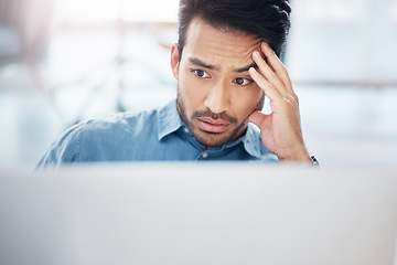 Image showing Asian man, stress and tired with laptop in office for glitch, problem and anxiety for proposal, idea or burnout. Businessman, computer and thinking with frustrated face, depressed and headache at job