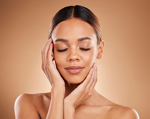 Image showing Wellness, natural beauty and woman with soft skin from facial and dermatology. Self care, skincare and studio background with a young model feeling face texture after spa and cosmetics treatment