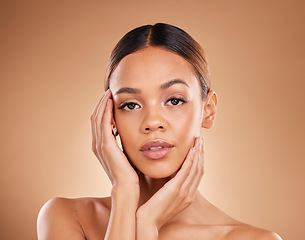 Image showing Skincare, healthy beauty and portrait of a woman with natural skin from facial or dermatology. Self care, isolated on studio background with young model feeling face after spa and cosmetics treatment