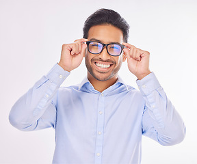 Image showing Portrait, vision and glasses with a man in studio on a white background to promote eye care optometry. Face, eyewear or eyesight with a handsome young male wearing new prescription frame spectacles