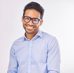 Image showing Portrait, vision and eyewear with a man in studio on a white background to promote eye care optometry. Face, glasses or eyesight with a handsome young male wearing new prescription frame spectacles