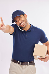 Image showing Phone call, delivery smile and Asian man with box in studio isolated on a white background. Shipping, logistics and happy male courier with package and cellphone for ecommerce, talking or chatting