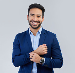 Image showing Business style, happy and portrait of man in studio for corporate or CEO fashion with smile. Face of asian entrepreneur person on isolated white background with pride for luxury, success and wealth