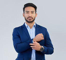 Image showing Business man, serious and style portrait in studio for corporate or CEO fashion. Face of asian entrepreneur person on isolated white background with pride for luxury, success and wealth motivation