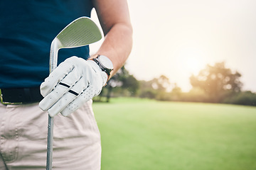 Image showing Hand, golf course and stick on grass with space for mockup, summer sports and outdoor sunshine. Golfer man, holding club and mock up for sport, fitness and training on field for professional career