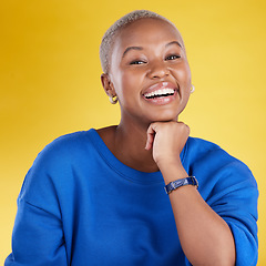 Image showing Black woman, studio portrait and happy student for confidence, beauty and yellow background. Girl, model smile and fashion with excited face, cosmetics or gen z aesthetic with happiness by backdrop