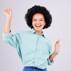 Image showing Black woman, ok hands and studio portrait for peace, cheerful and zen pose for happiness by gray background. Young model, girl and hand sign with smile, afro or excited face in comic for happy moment