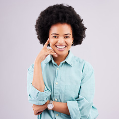 Image showing Black woman, studio portrait and smile with afro, happiness hand gesture for thinking, mindset and confidence. Happy african, girl and model with motivation, fashion and young by white background