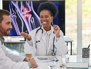 Image showing Medical presentation, woman doctor smile and healthcare team in a doctors meeting. X ray research, happy and collaboration of a health and wellness group in clinic office for diagnosis strategy