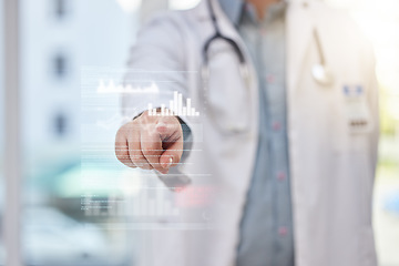 Image showing Doctor, data and technology abstract with screen and button, woman touch with hand and analytics in hospital. Electronic results, digital overlay with medical statistics and person in healthcare