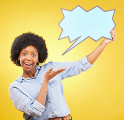 Image showing Hands, portrait and speech bubble by black woman pointing in studio to mockup for social media, advertising or space. Face, poster and excited lady with billboard news or message on yellow background