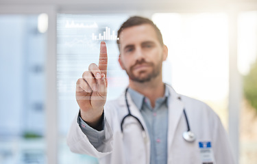 Image showing Doctor, data analytics and technology abstract, screen and button, man touch with hand and infographics in hospital. Electronic results, digital overlay of medical statistics and person in healthcare